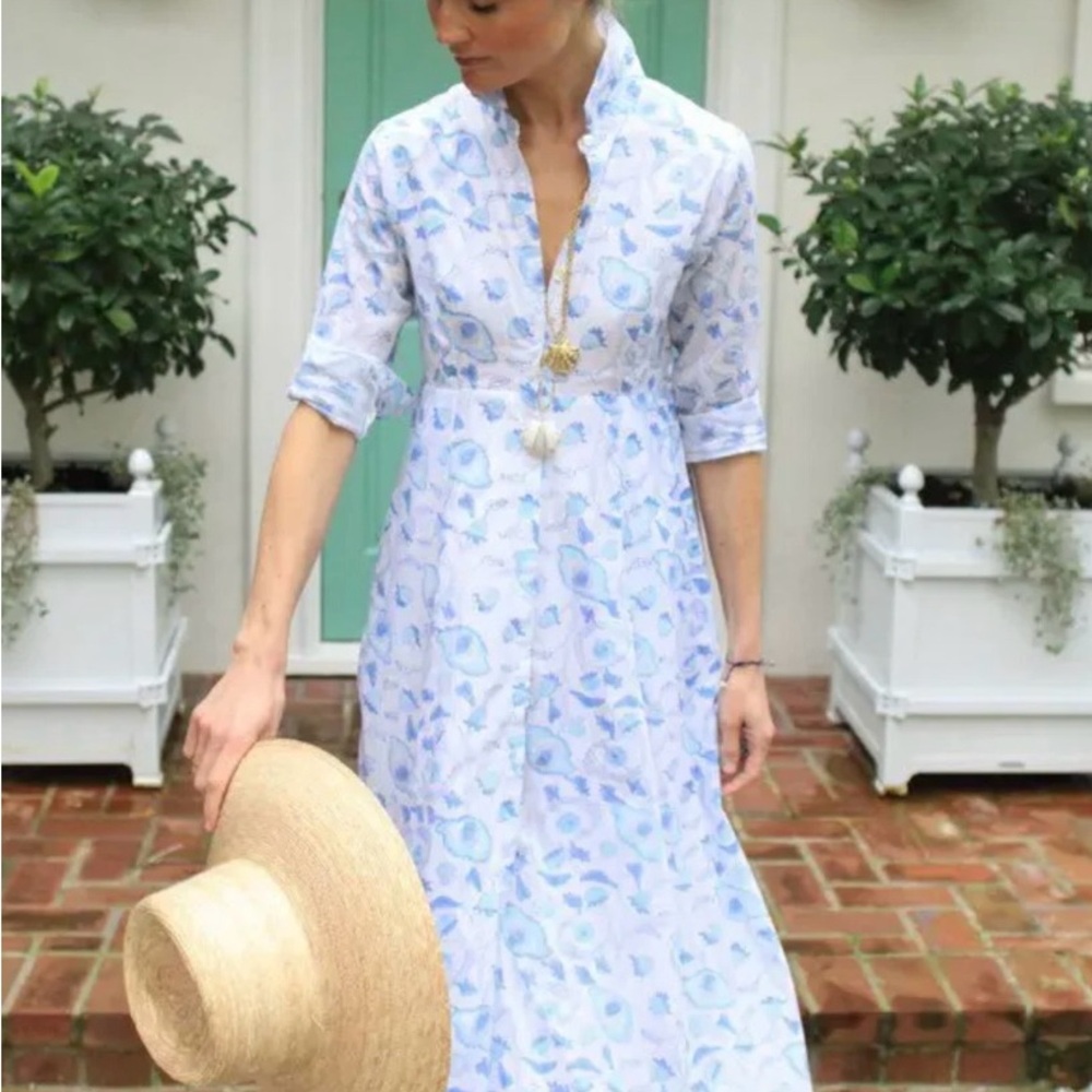 Julia India Amory JA Shirt Dress Maxi Button Down Cotton Blue
Floral Block Print